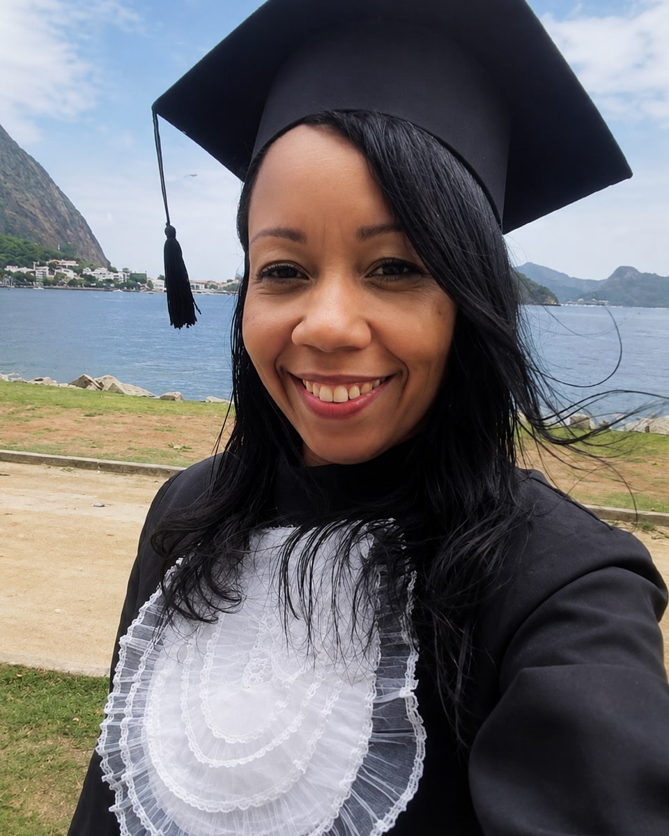 Gleice Pires de beca e capelo no dia da formatura, com a baía ao fundo